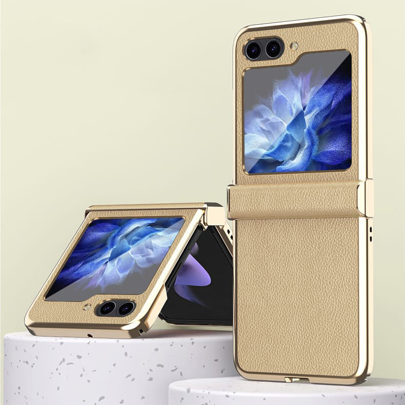 Samsung Galaxy Z Flip 5 Champagne Gold Leather Slim Cover (with Hinge - lifestyle