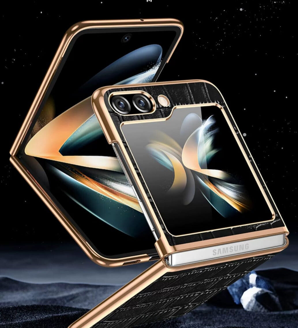 Samsung Galaxy Z Flip 5 Gold Electroplated Croco Pattern Leather Cover - colour options
