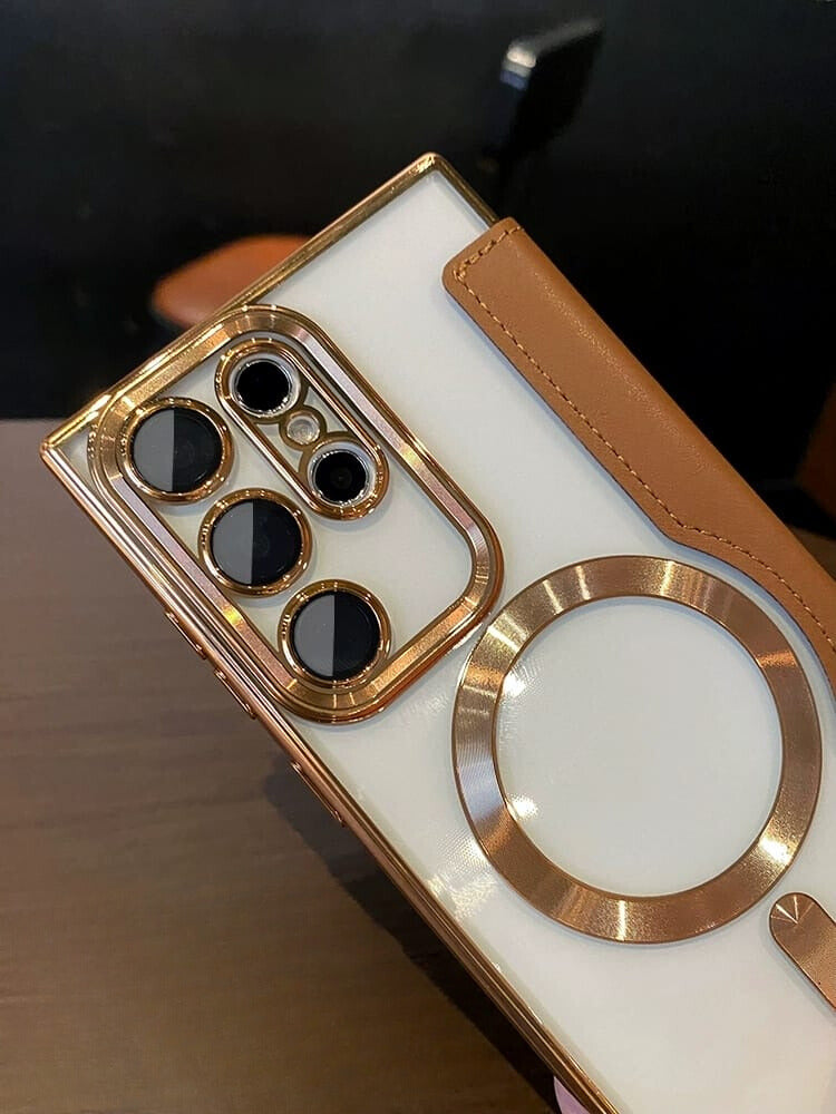 Samsung Galaxy S26 Gold Electroplated Leather Flip Case - lifestyle