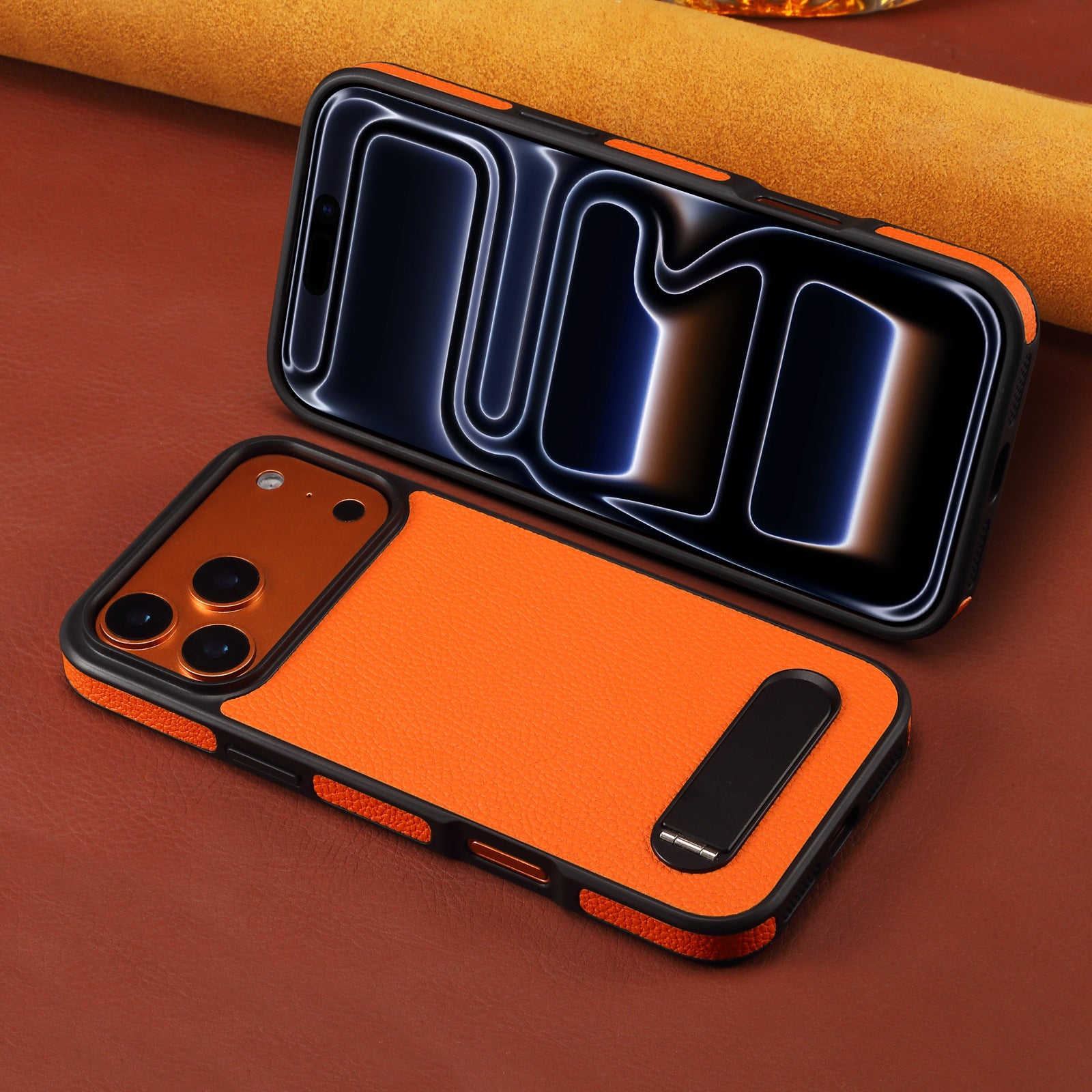 iPhone 17 Series Cosmic Orange Leather Kickstand Cover - slim profile