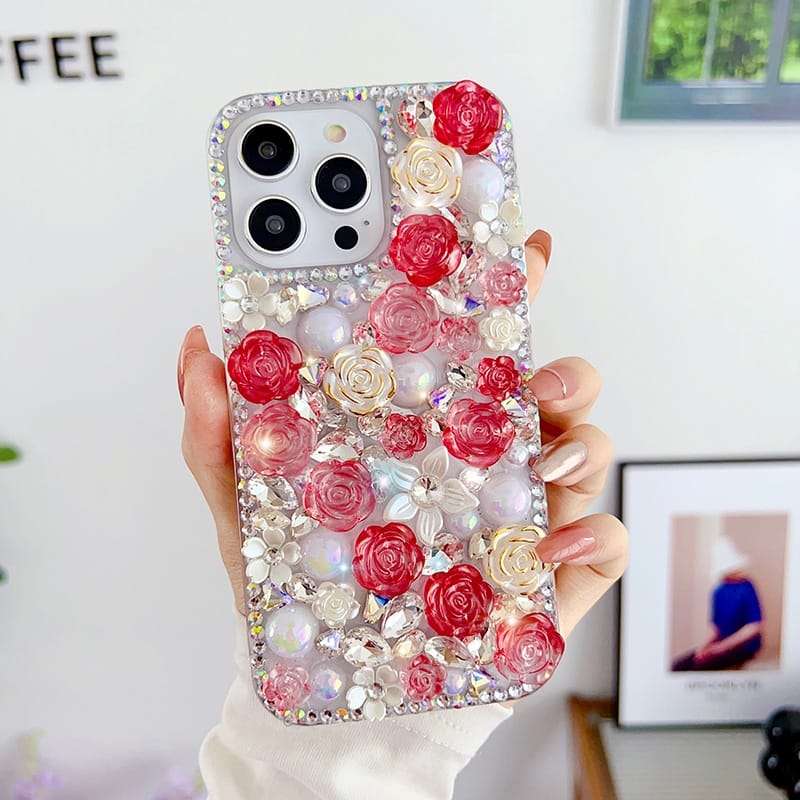 iPhone 14 Roses Bling Diamond Rhinestones Case - slim profile