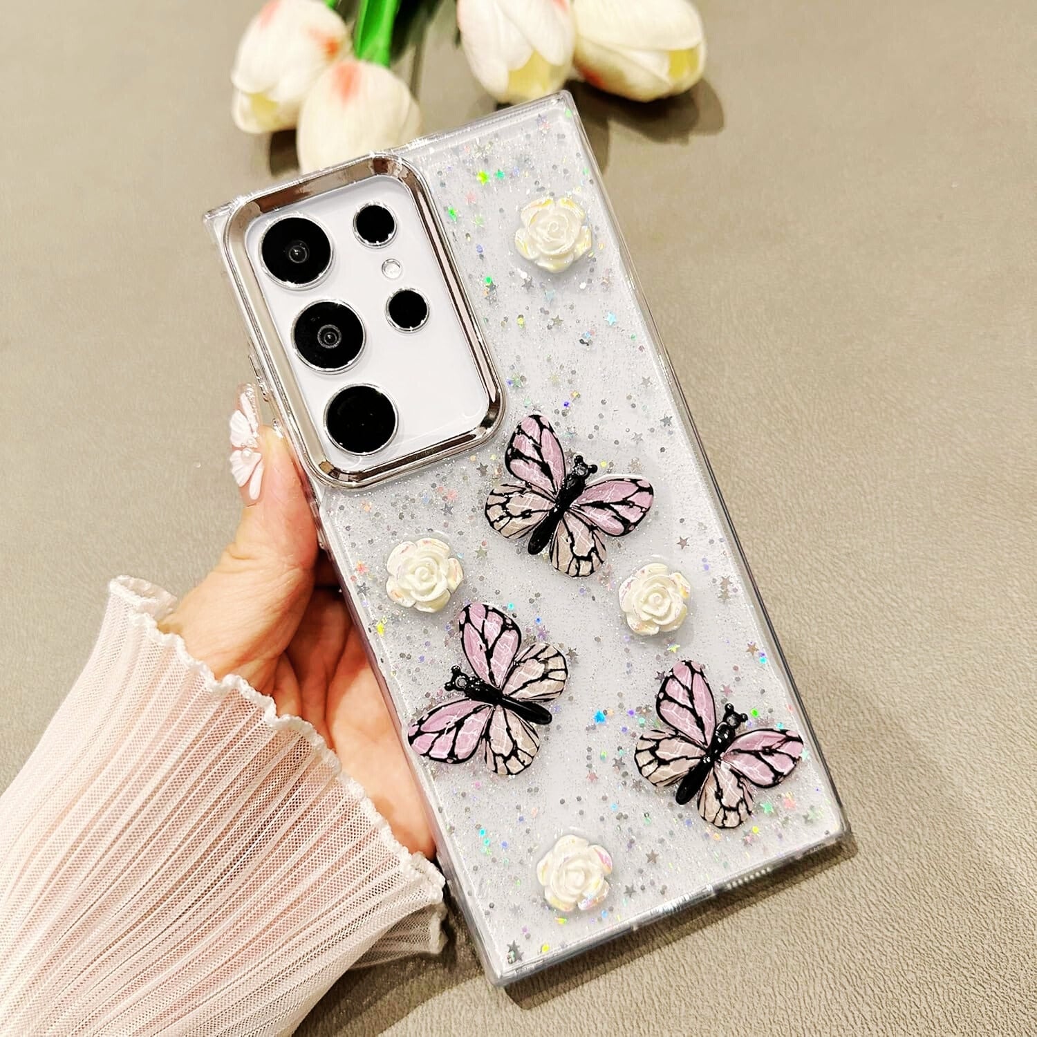 Samsung Galaxy S25 3D Butterfly Roses Glittery Cover - lifestyle