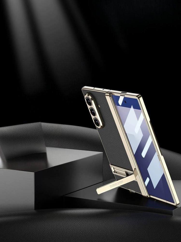 Samsung Galaxy Z Fold 7 Leather Gold Electroplated Kickstand Cover() - lifestyle