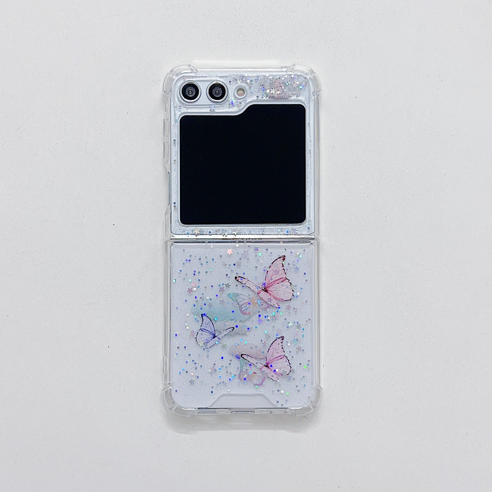 Samsung Galaxy Z Flip 7 Butterfly Glitter Transparent Cover - protective case detail