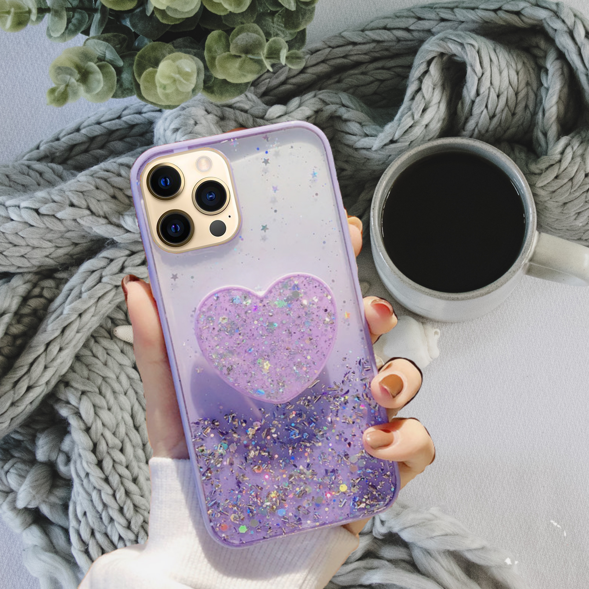 Bling Glitter Pop Up Heart Stand Cover For iPhone 12 Pro Max