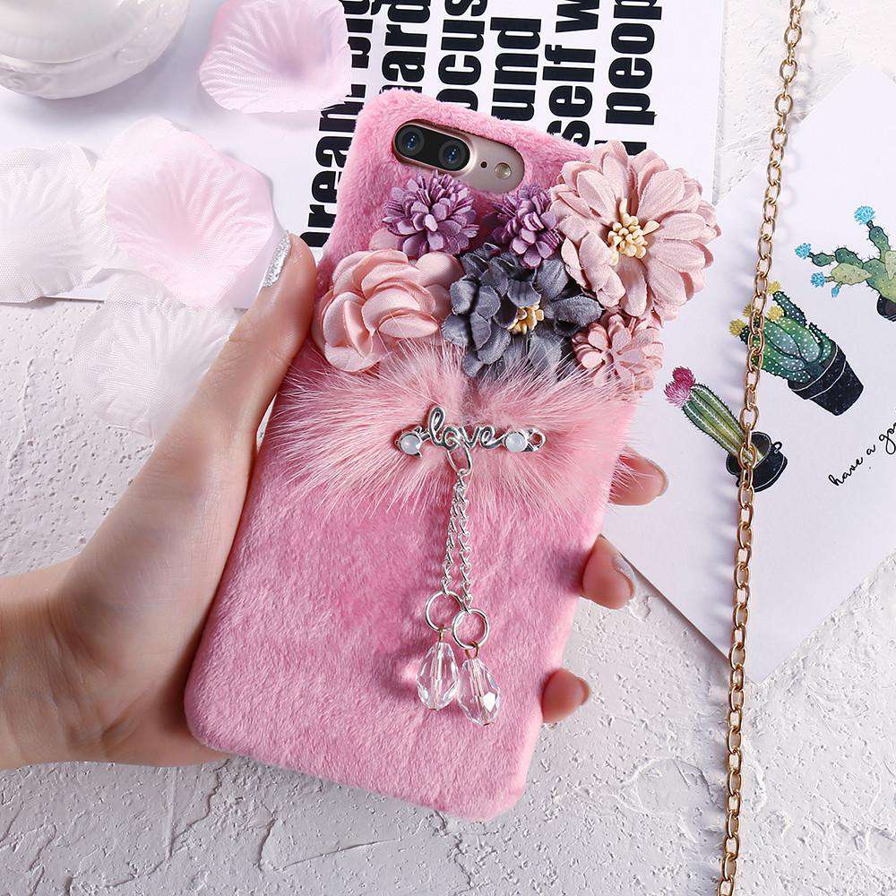 Cosy Fur Crystal Pendant Flowered iPhone SE 2020 Case