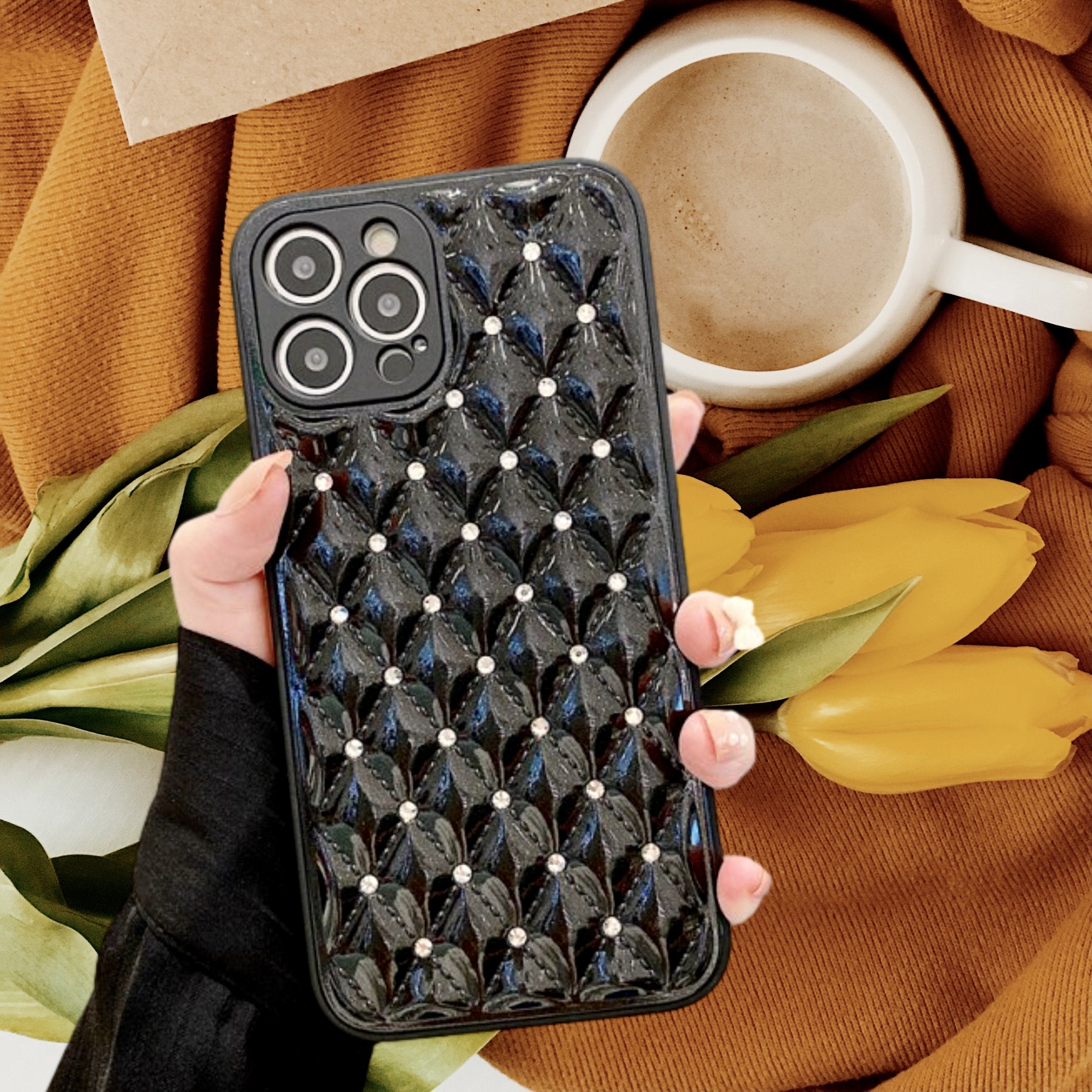 Diamond Rhinestones Grid Glossy Black Luxury Case iPhone cover – JustAndBest India