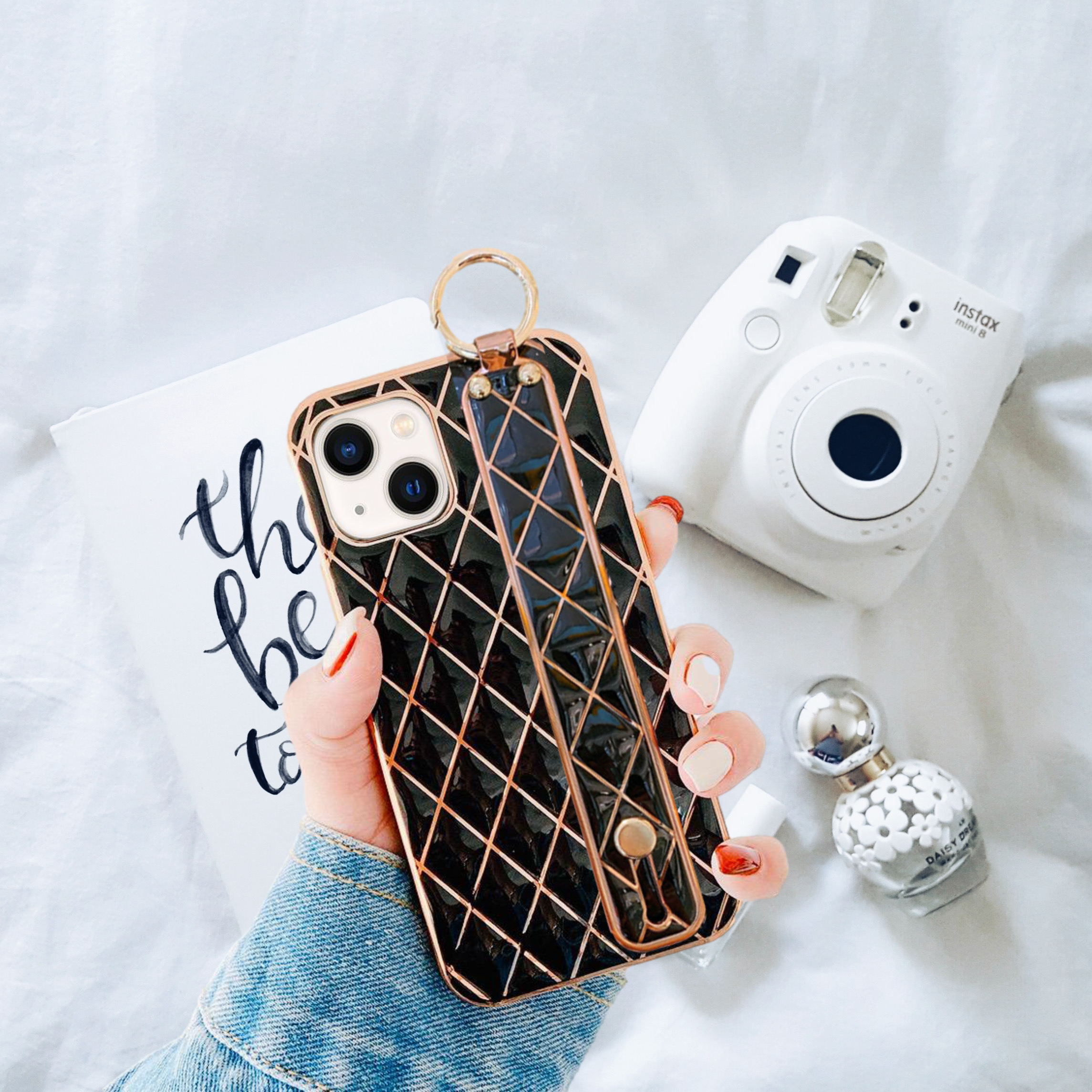 Glossy Black Grid Gold Electroplated Hand Strap Cover iPhone cover – JustAndBest India