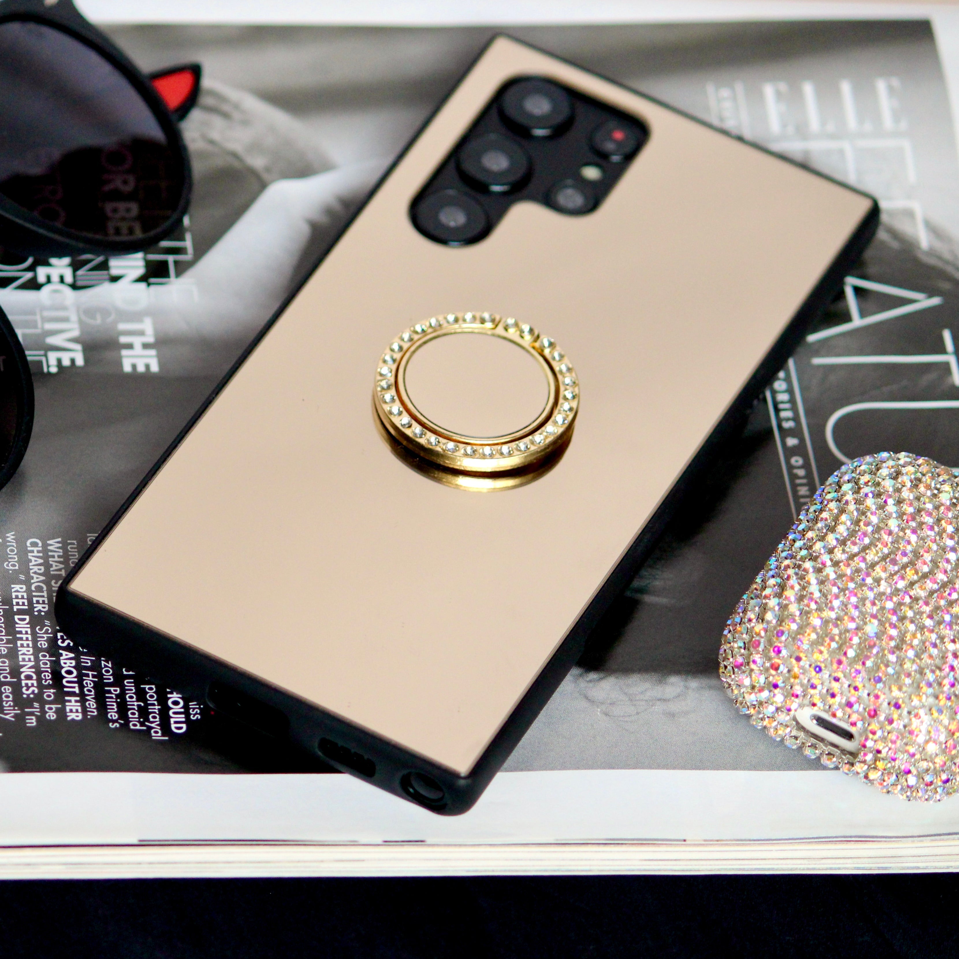 Gold Mirror Rhinestones Ring Holder Luxury Cover – phone accessory by JustAndBest India