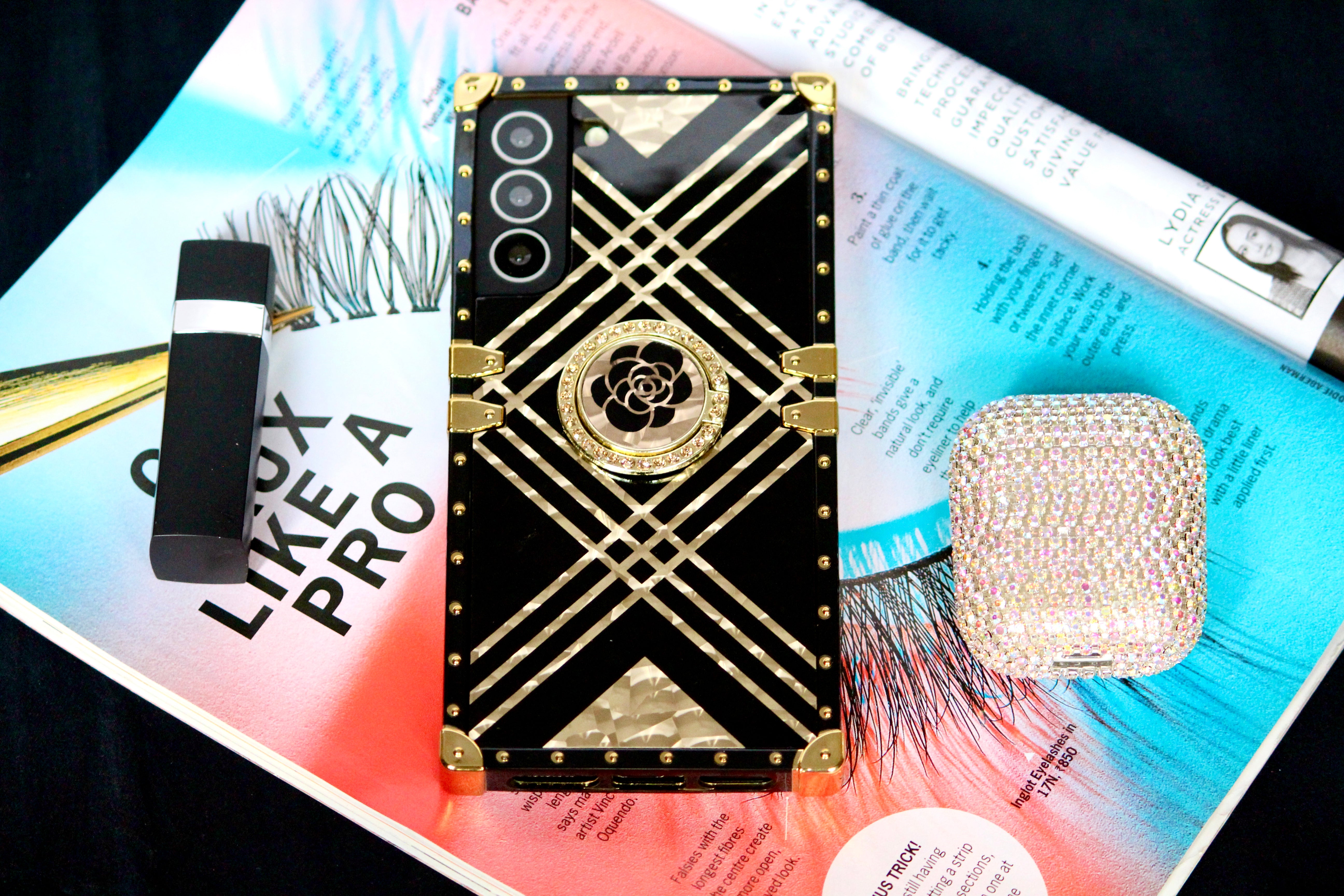 Black & Gold Rose Rhinestones Ring Holder Luxury Cover – phone accessory by JustAndBest India