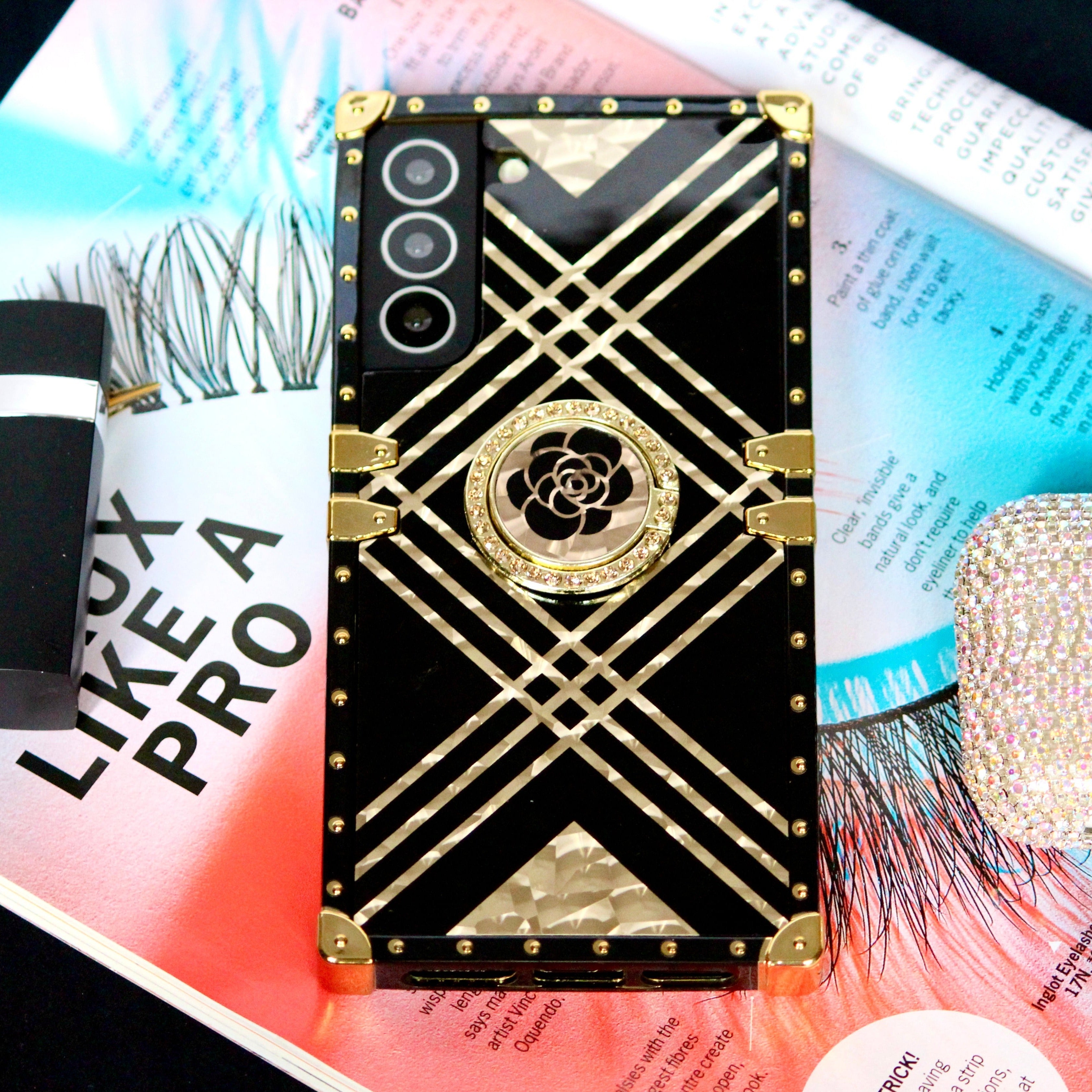 Black & Gold Rose Rhinestones Ring Holder Luxury Cover – phone accessory by JustAndBest India