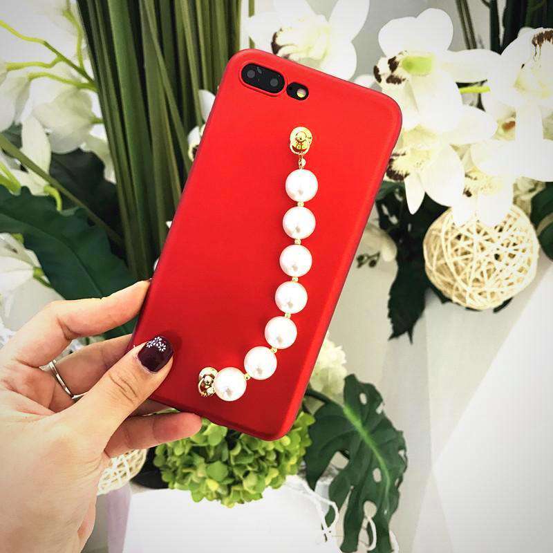Pearl Bracelet Chain Shiny Matte Red Case for iphone 7