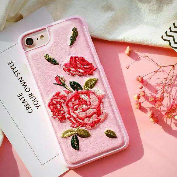 Pink Leather Embroidered Rose Case