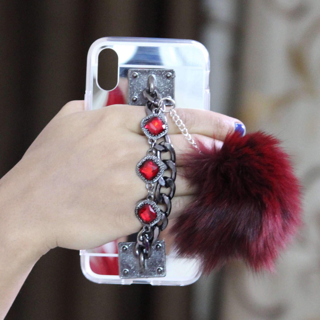 Red Rhinestone Bracelet Pompom Mirror Case for iPhone XS / X