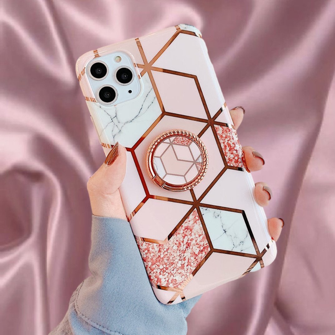 Rose Gold Ring Holder Geometric Marble Pattern Cover – phone accessory by JustAndBest India