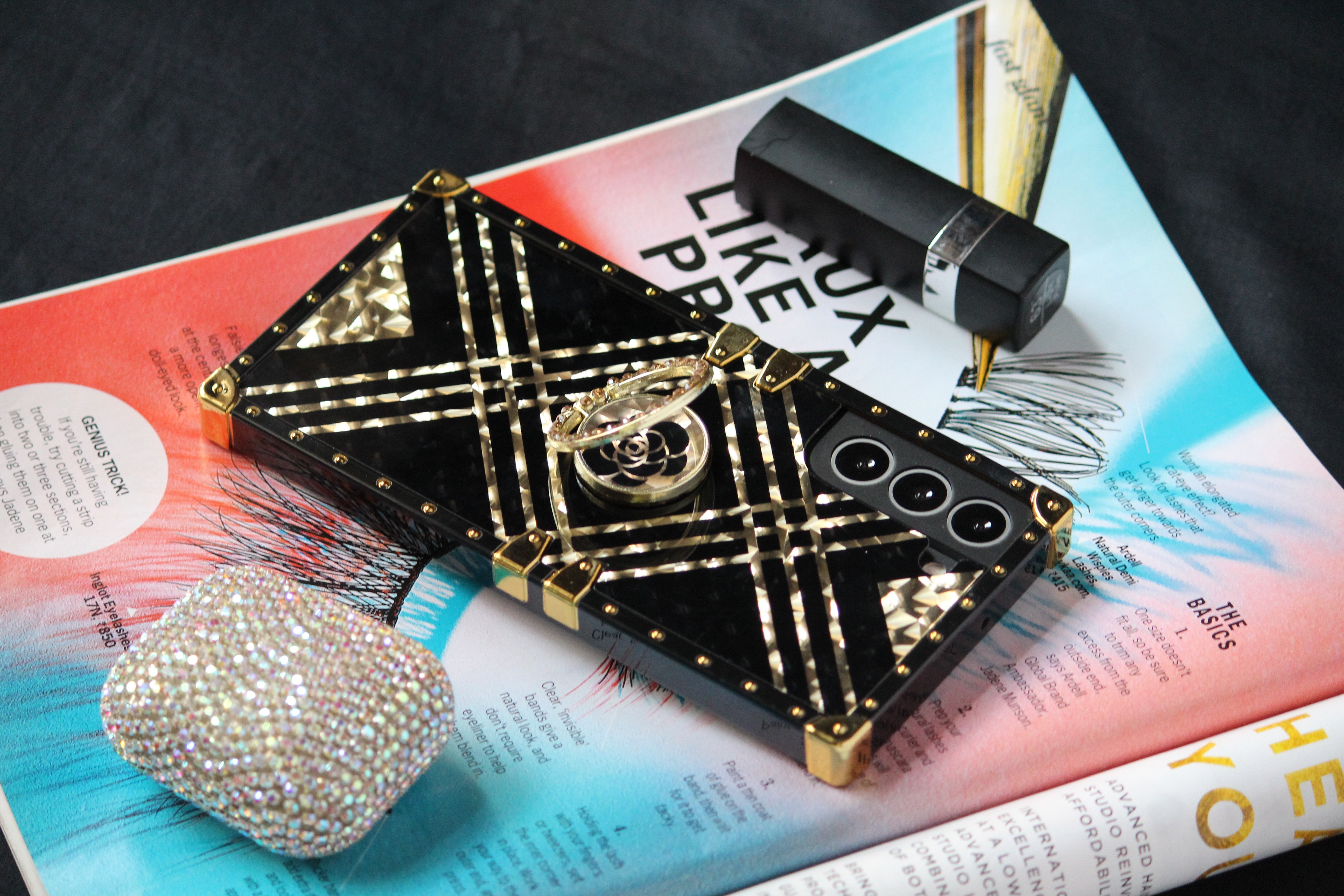 Samsung Galaxy S25 Series Black & Gold Rose Rhinestones Ring Holder Cover - case features
