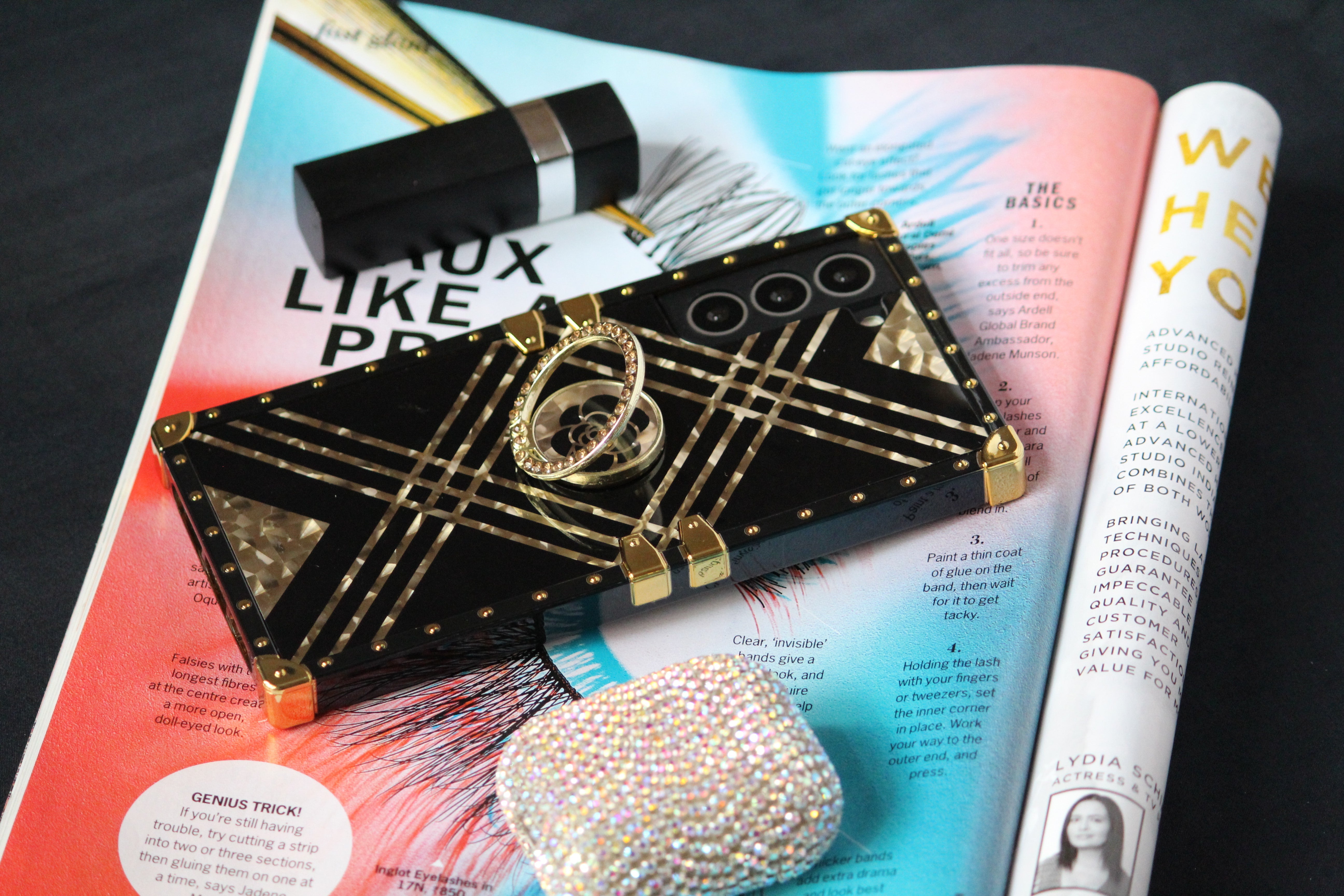 Black & Gold Rose Rhinestones Ring Holder Luxury Cover – phone accessory by JustAndBest India