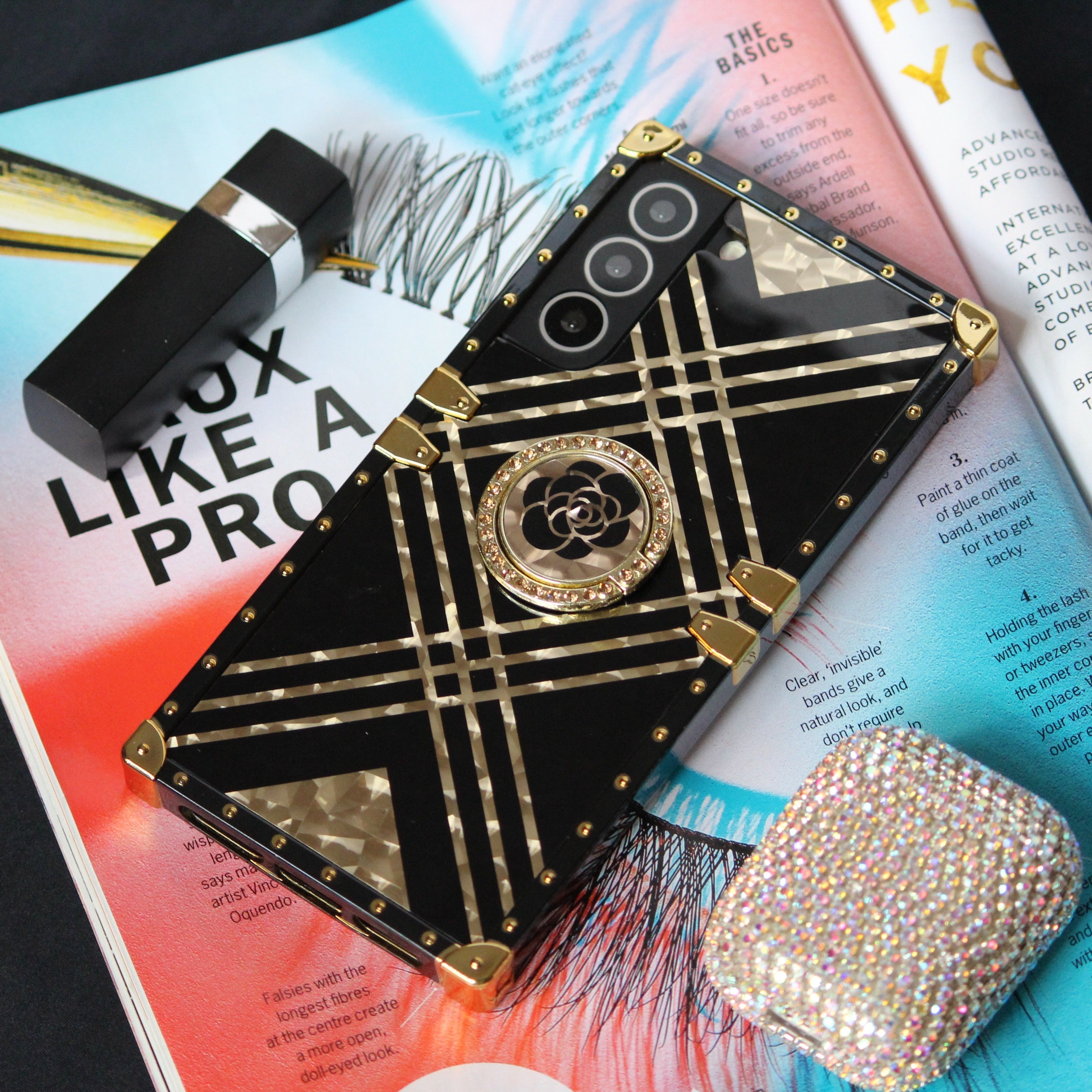 Samsung Galaxy S25 Series Black & Gold Rose Rhinestones Ring Holder Cover - protective case detail