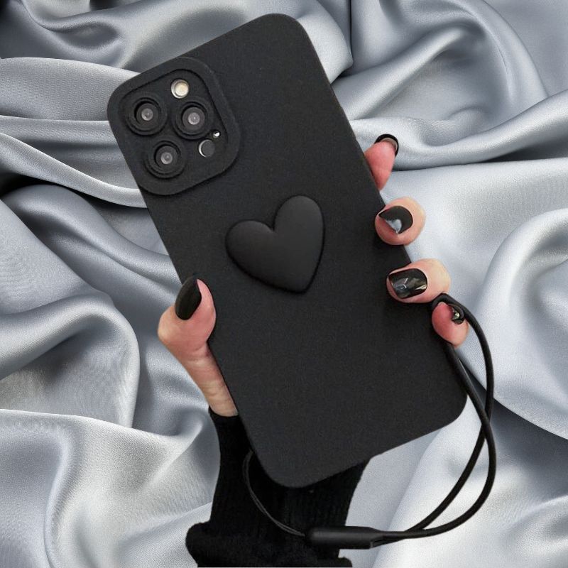Midnight Black Cute Heart Lanyard Cover – phone accessory by JustAndBest India