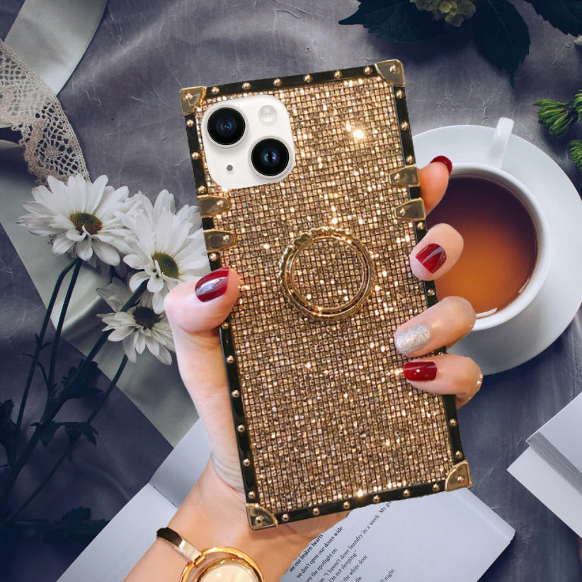 Gold Glitter Ring Holder Cover for iphone 14 and 15