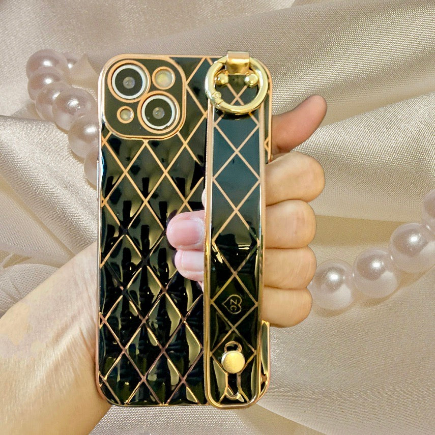 Glossy Black Grid Gold Electroplated Hand Strap Cover iPhone cover – JustAndBest India