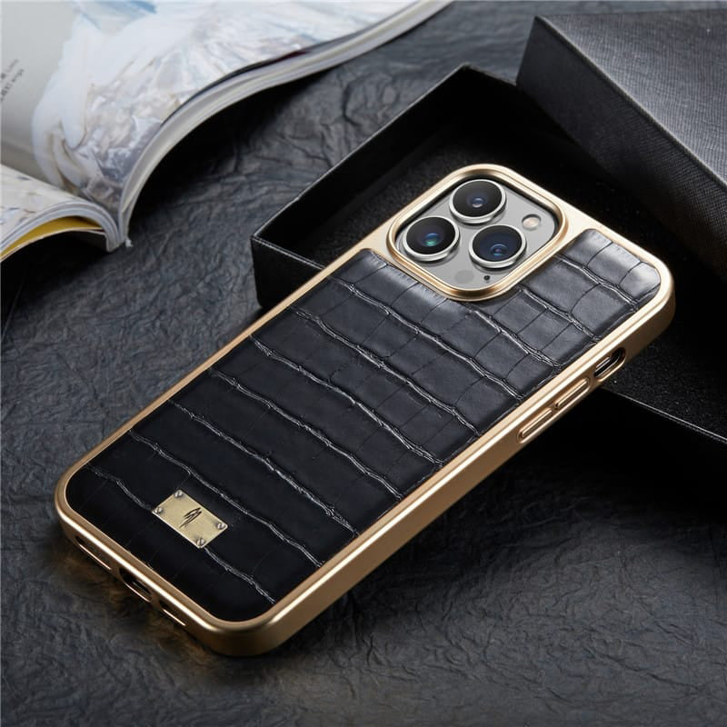 Midnight Black Gold Plated Leather iphone Cover