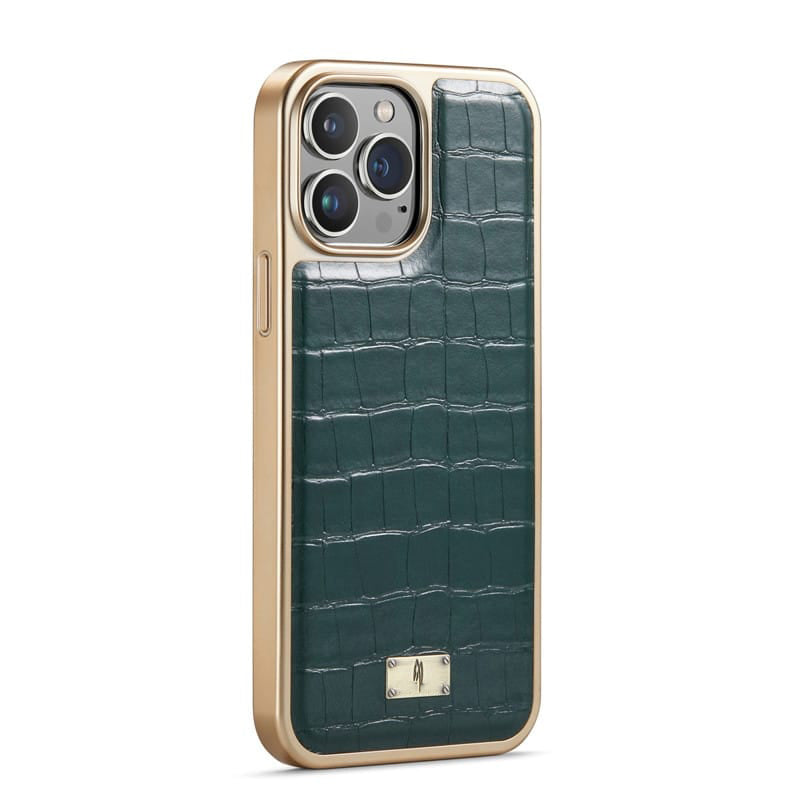 Forest Green Gold Plated Leather iphone 14 Case