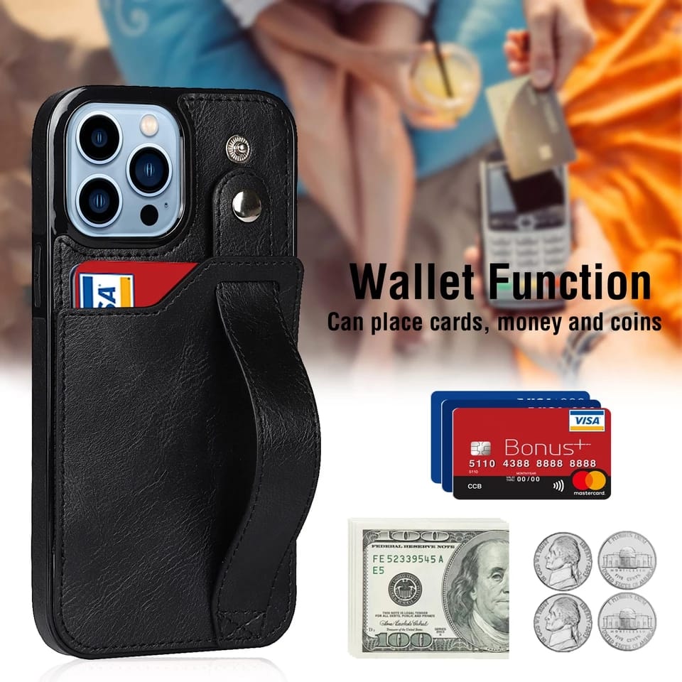 Premium Leather Wallet Style Hand Strap Case iPhone cover – JustAndBest India