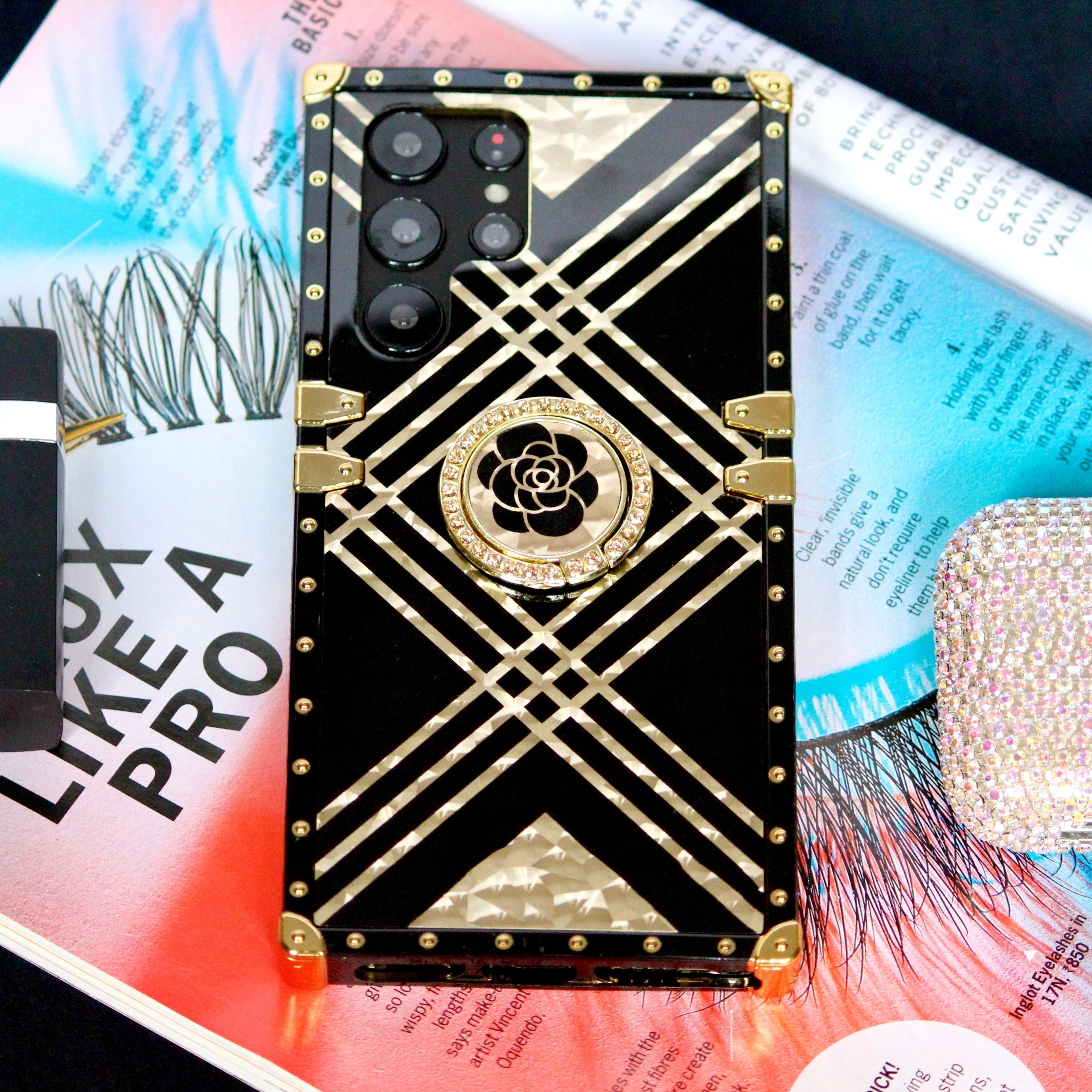 Samsung Galaxy S25 Series Black & Gold Rose Rhinestones Ring Holder Cover - protective case detail